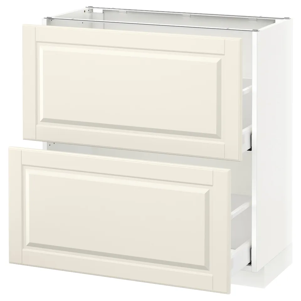 An off-white METOD kitchen cabinet with two drawers, bevelled edges, and a white frame.