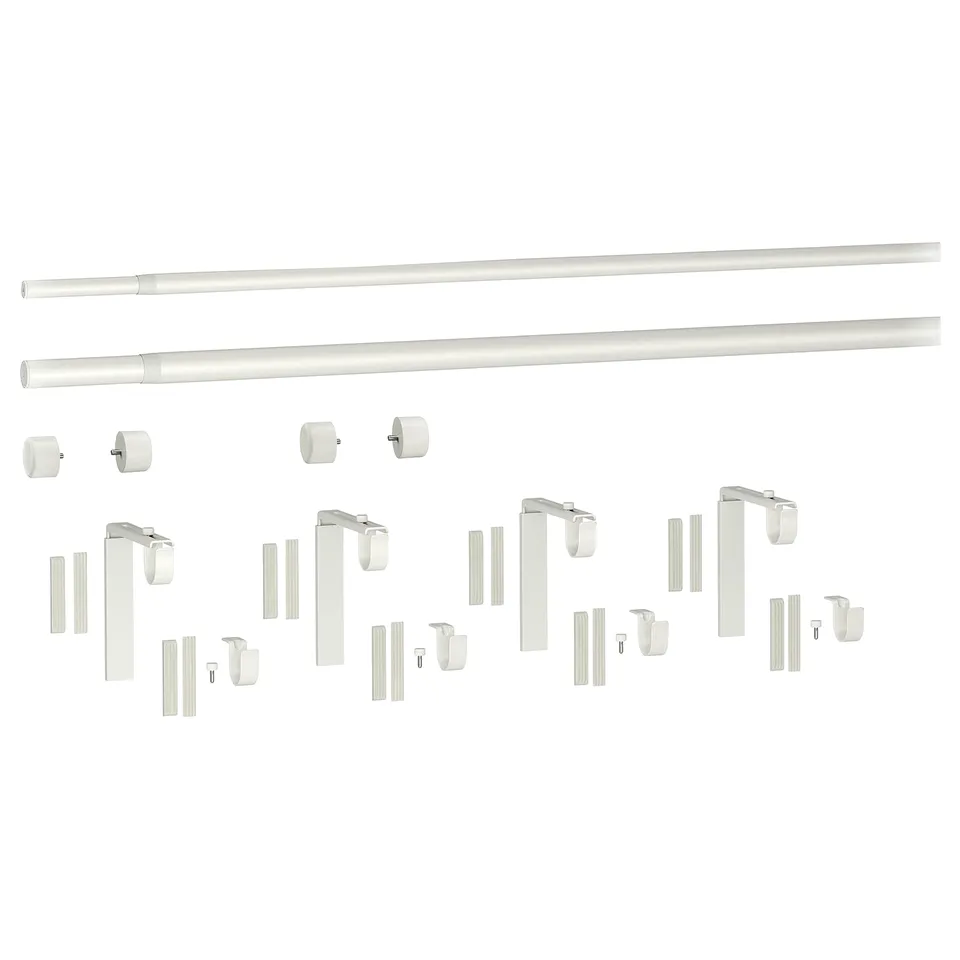 White HUGAD & räcka curtain rod set, including 2 rods, 4 brackets, 4 holders, and 4 finials for double-layer curtains.
