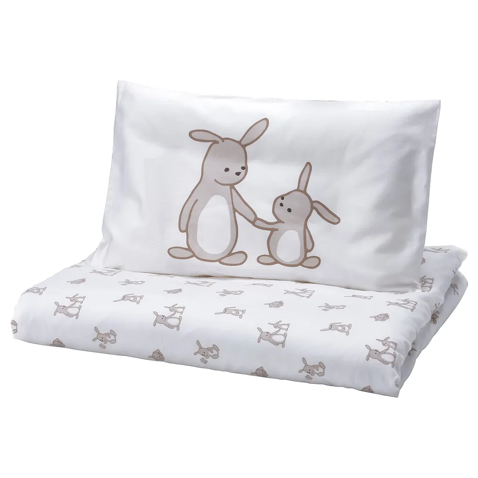 LEN Duvet cover 1 pillowcase for cot, white beige/bunny pattern, 110x125/35x55 cm