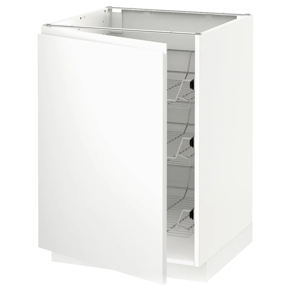 White METOD kitchen cabinet with minimalist design, smooth finish, integrated handles, open door revealing storage baskets.