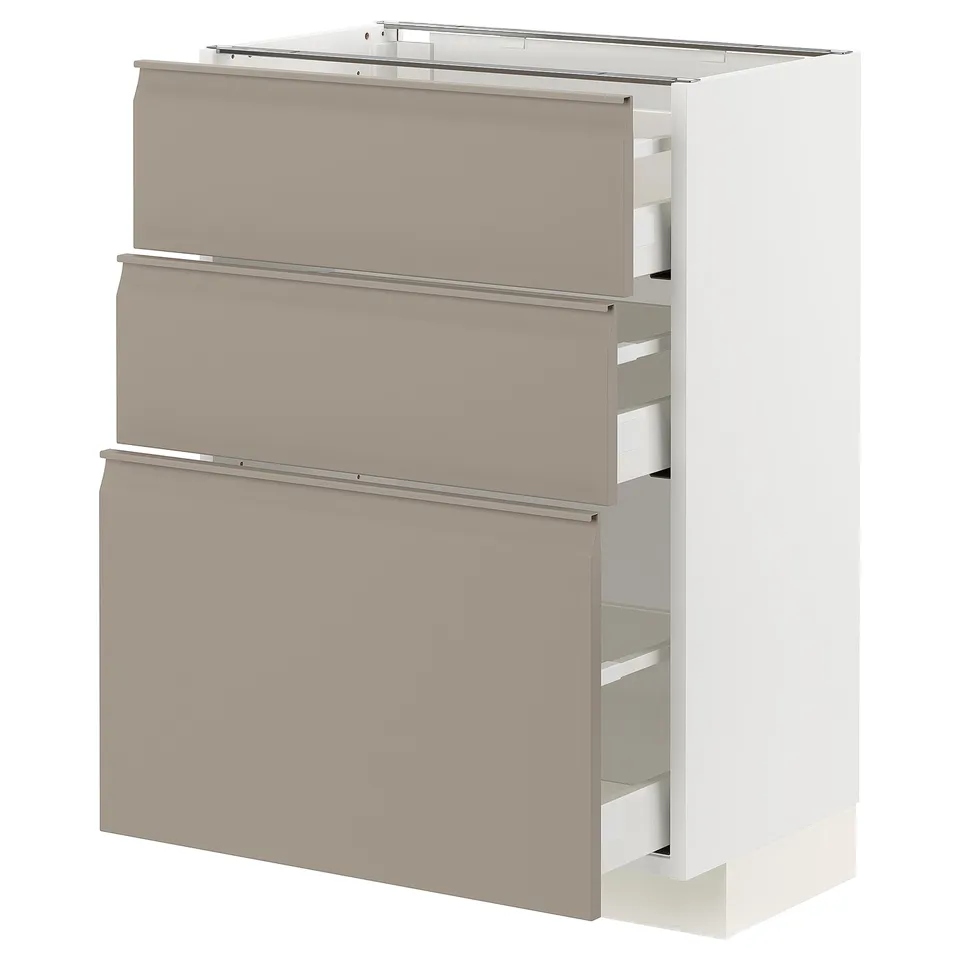 White ikea METOD kitchen unit with beige drawers.