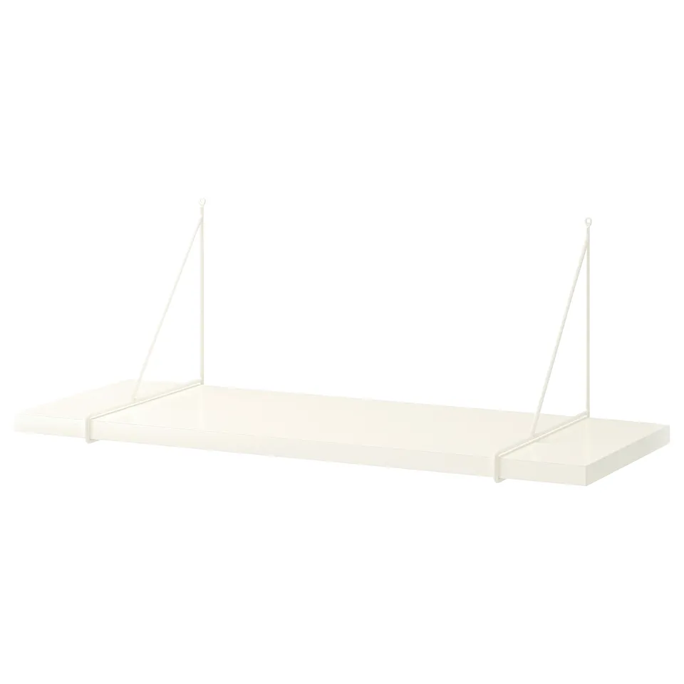 A white BERGSHULT wall shelf with metal brackets, rectangular shape, minimalist design.