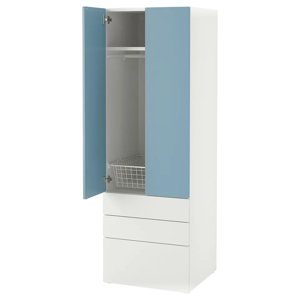 A blue and white SMÅSTAD wardrobe with open doors revealing inner storage and a pull-out basket, designed for kids rooms.