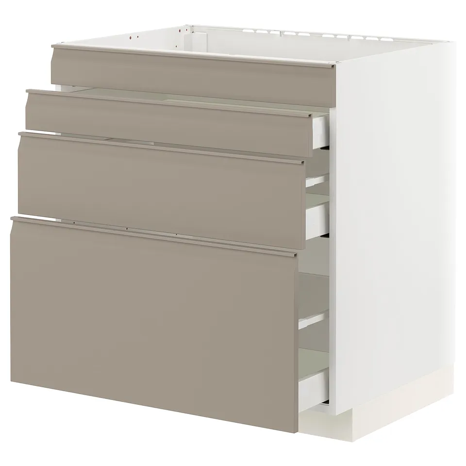 Modern beige kitchen cabinet with sleek design, 3 drawers, full-extension.