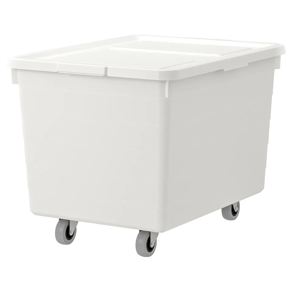 A white, square-shaped plastic storage box on wheels, designed for easy transport and organisation.