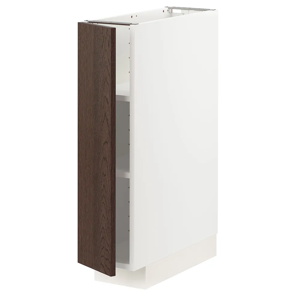 Modern white METOD cabinet with dark brown wood door.