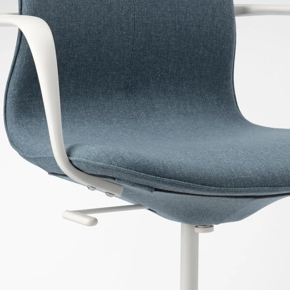 A modern office chair with adjustable height, armrests, and lumbar support. Grey fabric seat and backrest, white frame.
