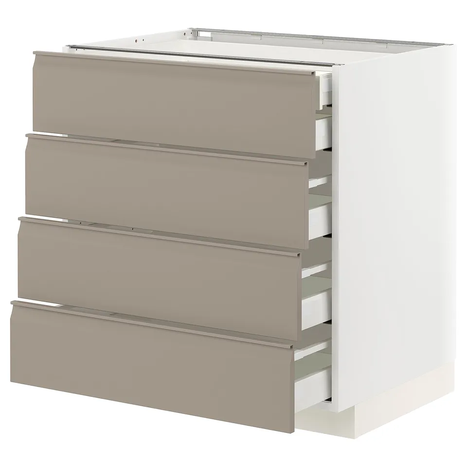 METOD kitchen unit in grey-beige with four drawers, smooth handles, and modern design.