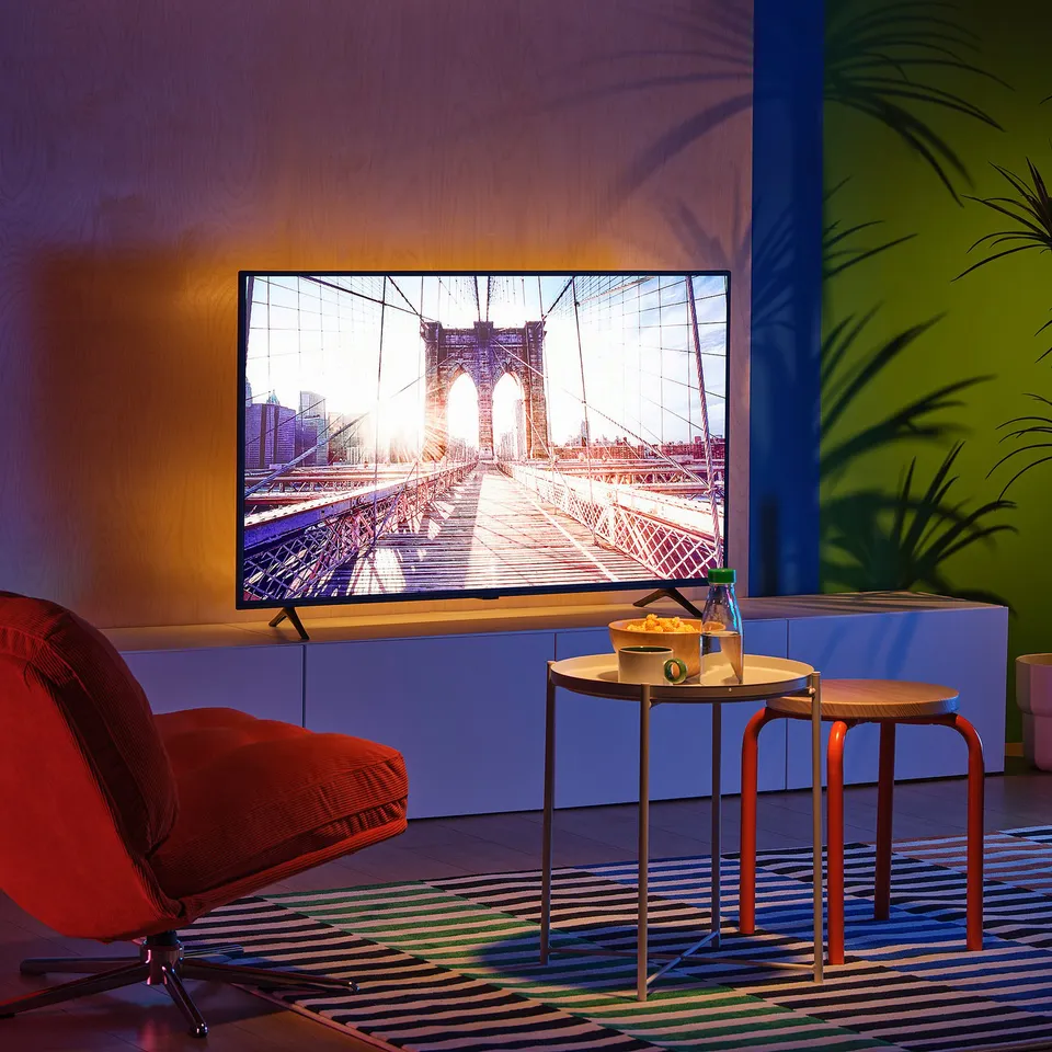 Bright living room with tv showing brooklyn bridge, red chair, snacks, and green plant.