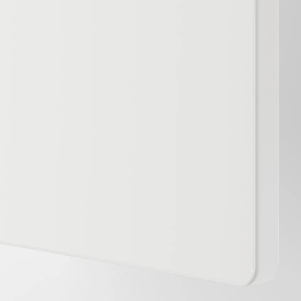 White storage unit with smooth, clean lines and castors for easy movement.