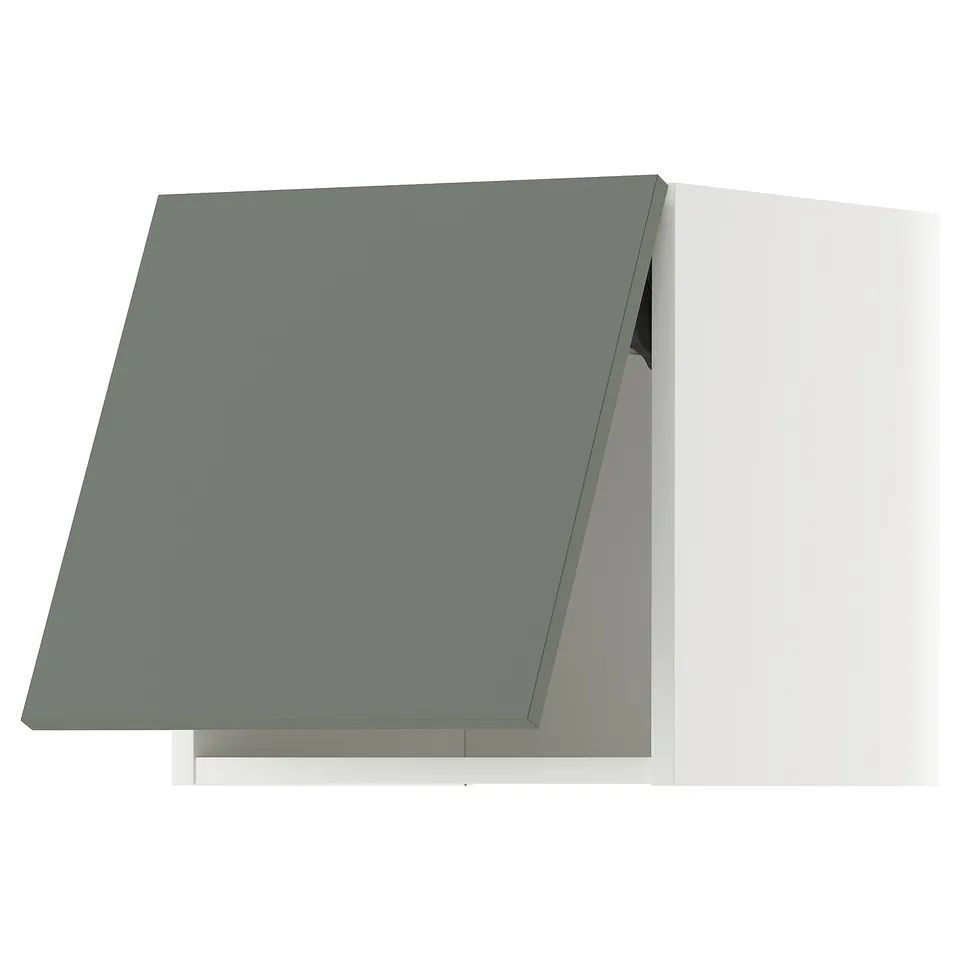 A modern kitchen cabinet in grey-green with a sleek, angled design.