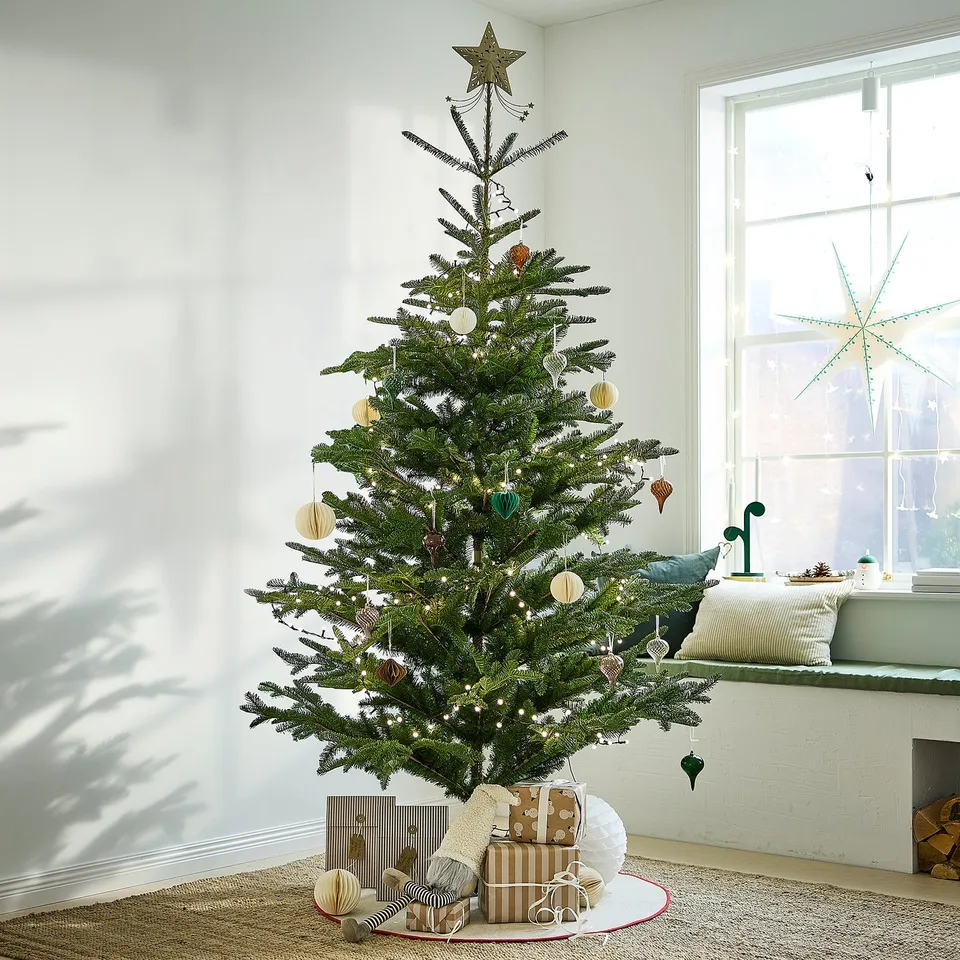 Decorated christmas tree with white lights, natural ornaments, and a golden star topper sits by a window with a santa plush and gift boxes.
