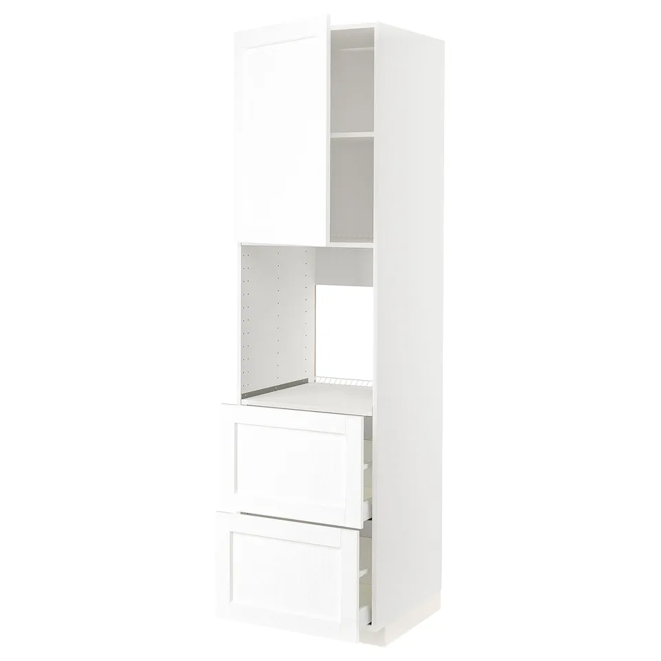 White ikea METOD kitchen unit with doors, drawers. Modern, minimalist design. Made of particleboard, covered in white foil.