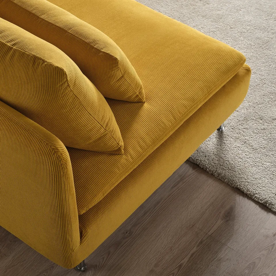 Bright yellow SÖDERHAMN sofa close-up, soft fabric, sturdy legs.