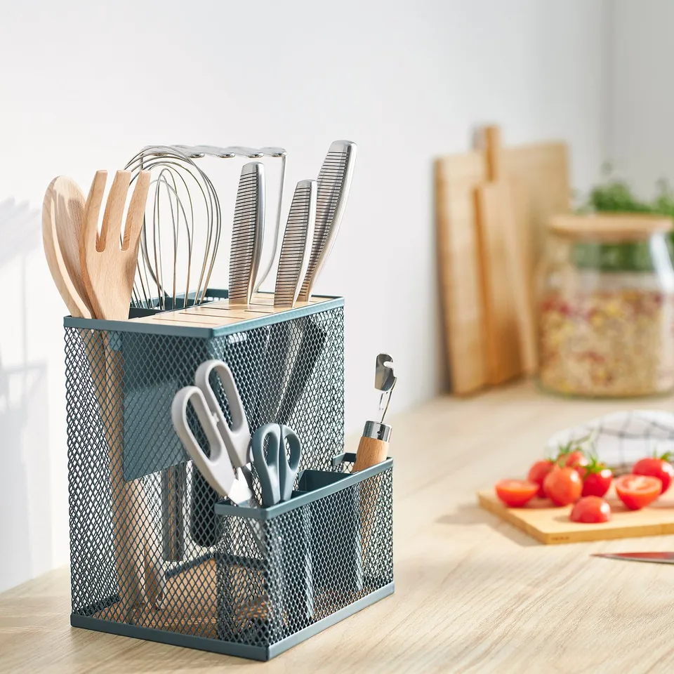 VIMPELFISK knife block, grey mesh, bamboo top, holds knives & utensils, fits kitchen counter.
