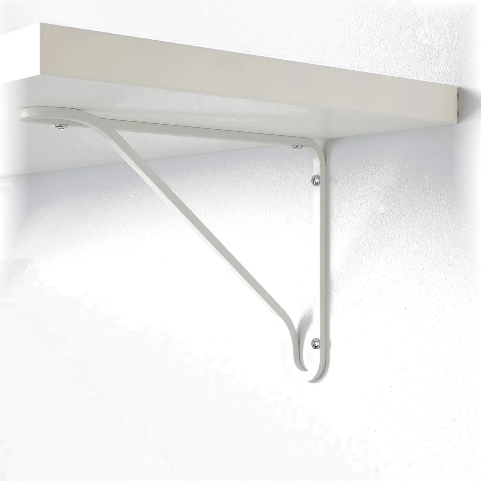 Wall-mounted white shelf with sturdy metal brackets. Mounted securely to the wall, providing stable storage.