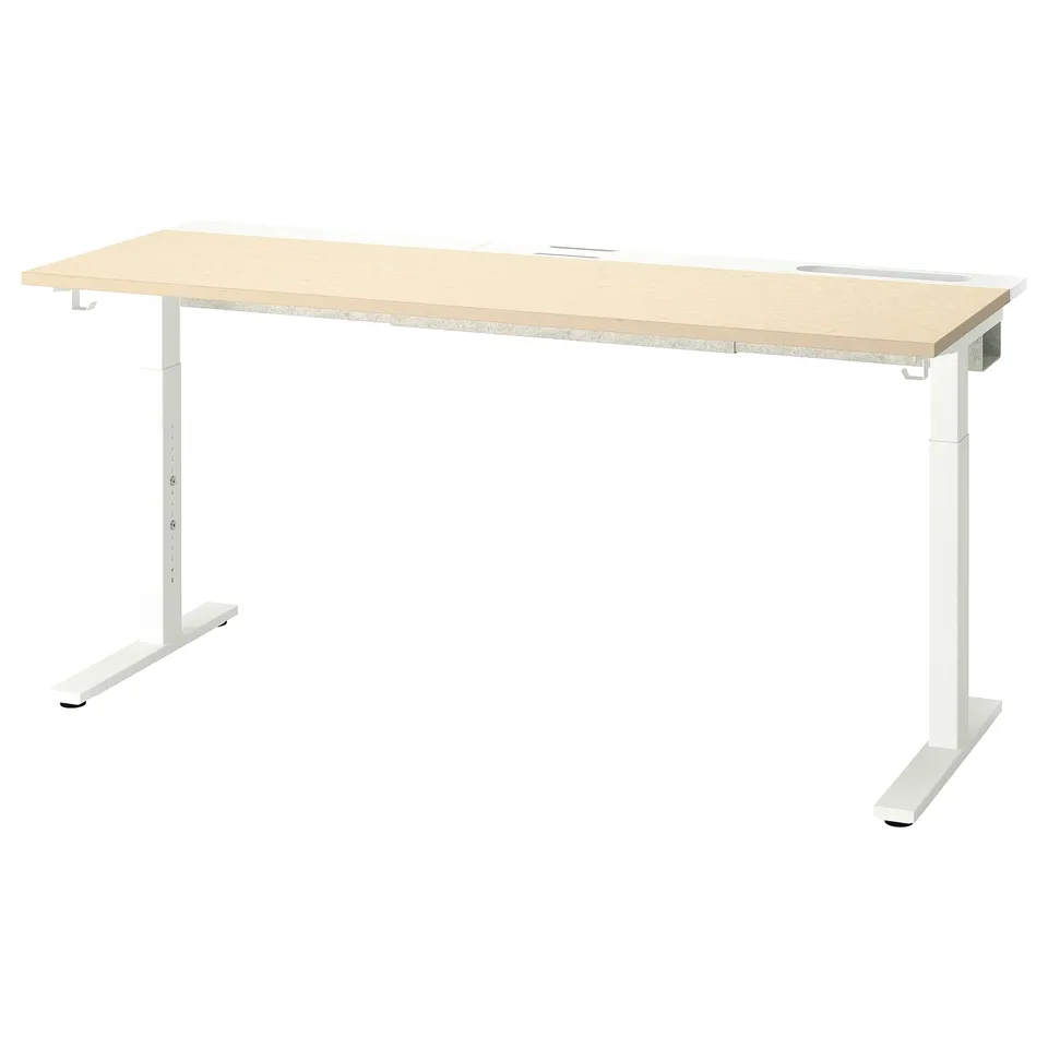 MITTZON desk: adjustable height, light wood top, white legs, rectangular, modern design.