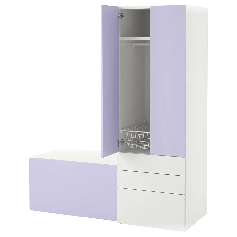 Kids storage combo: white & lavender wardrobe, drawers, bench, wire basket.