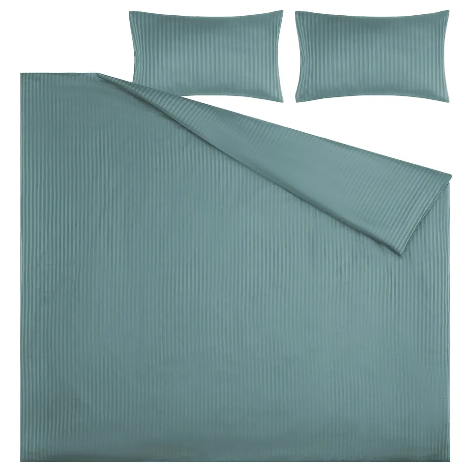 Natjasmin teal bed set, sateen stripes, includes duvet & 2 pillowcases, soft cotton/lyocell blend, elegant design.