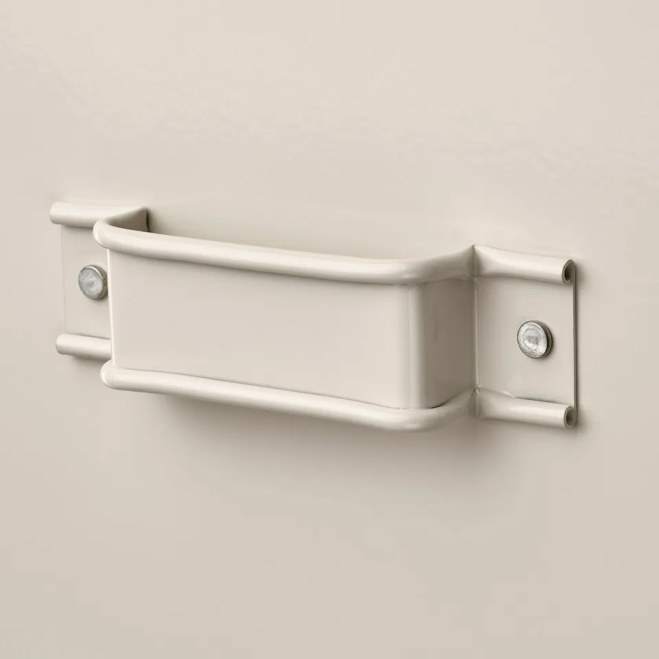 Metal storage box with smooth edges, supported by four bolts, perfect for organising and hiding items.