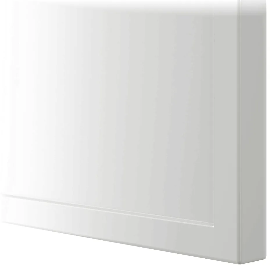 Close-up of white cabinet corner, smooth finish, sturdy design.