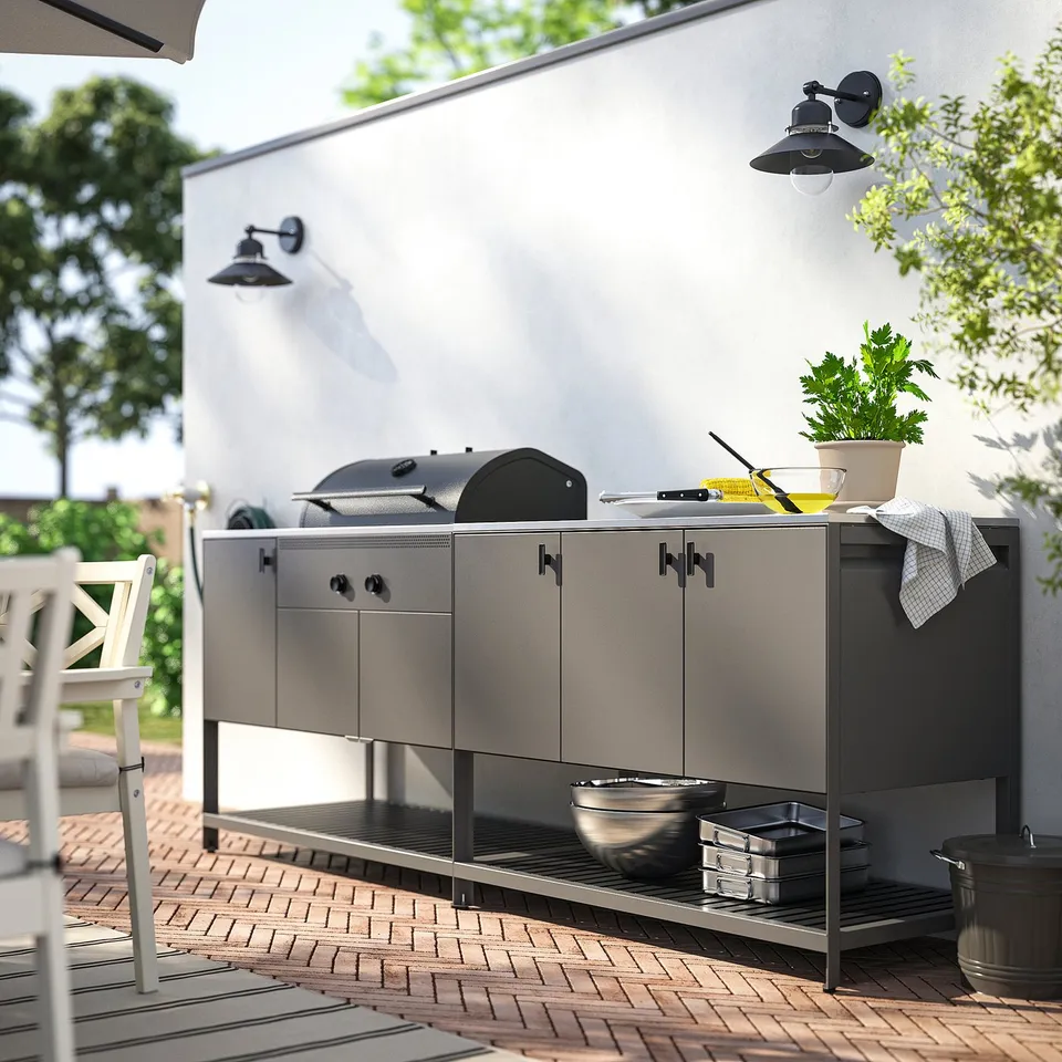 BÅTSKÄR Outdoor kitchen w charcoal barbecue, dark grey, 240x60 cm