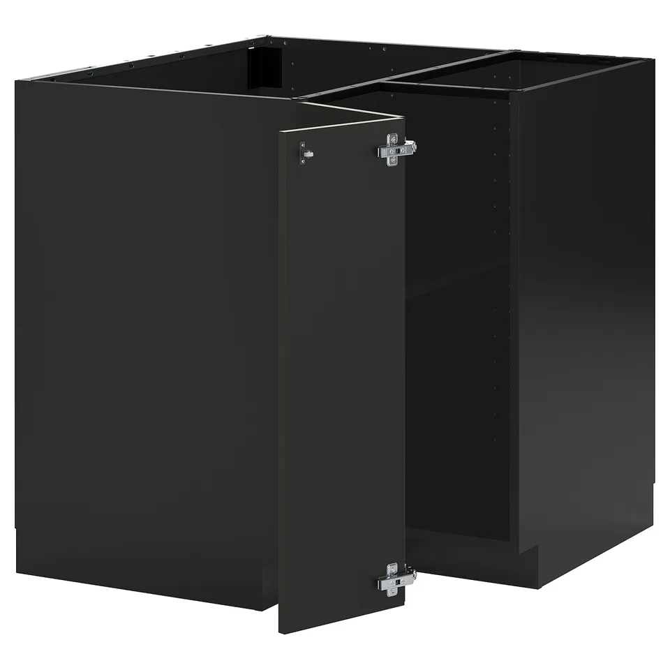 Black kitchen cabinet set, modern design with sturdy particleboard and metal hinges, includes 2 doors, adjustable shelves, and 25-year warranty.