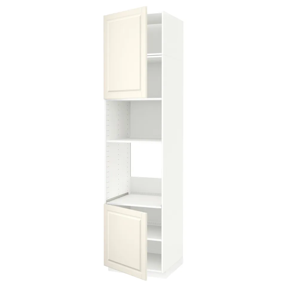 A white METOD kitchen cabinet with two open doors revealing adjustable shelves inside.