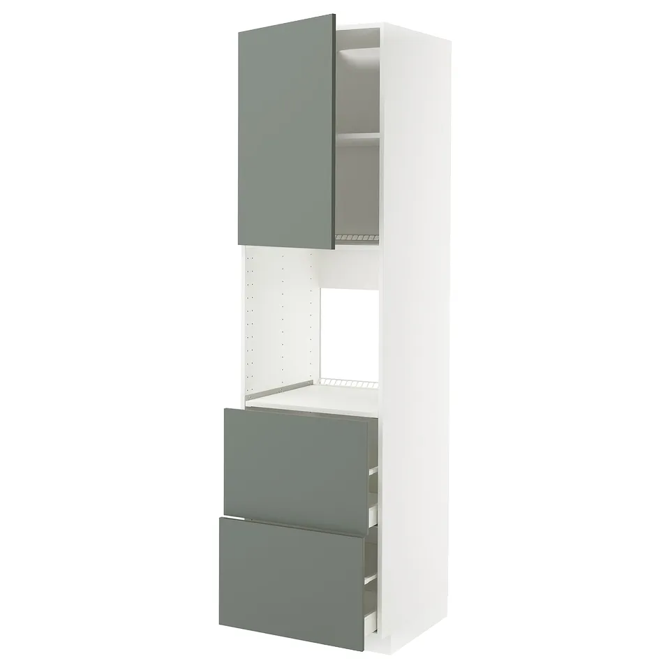Modern kitchen unit, METOD. White with greenish-gray drawers and cabinet, sleek design, adjustable shelves.