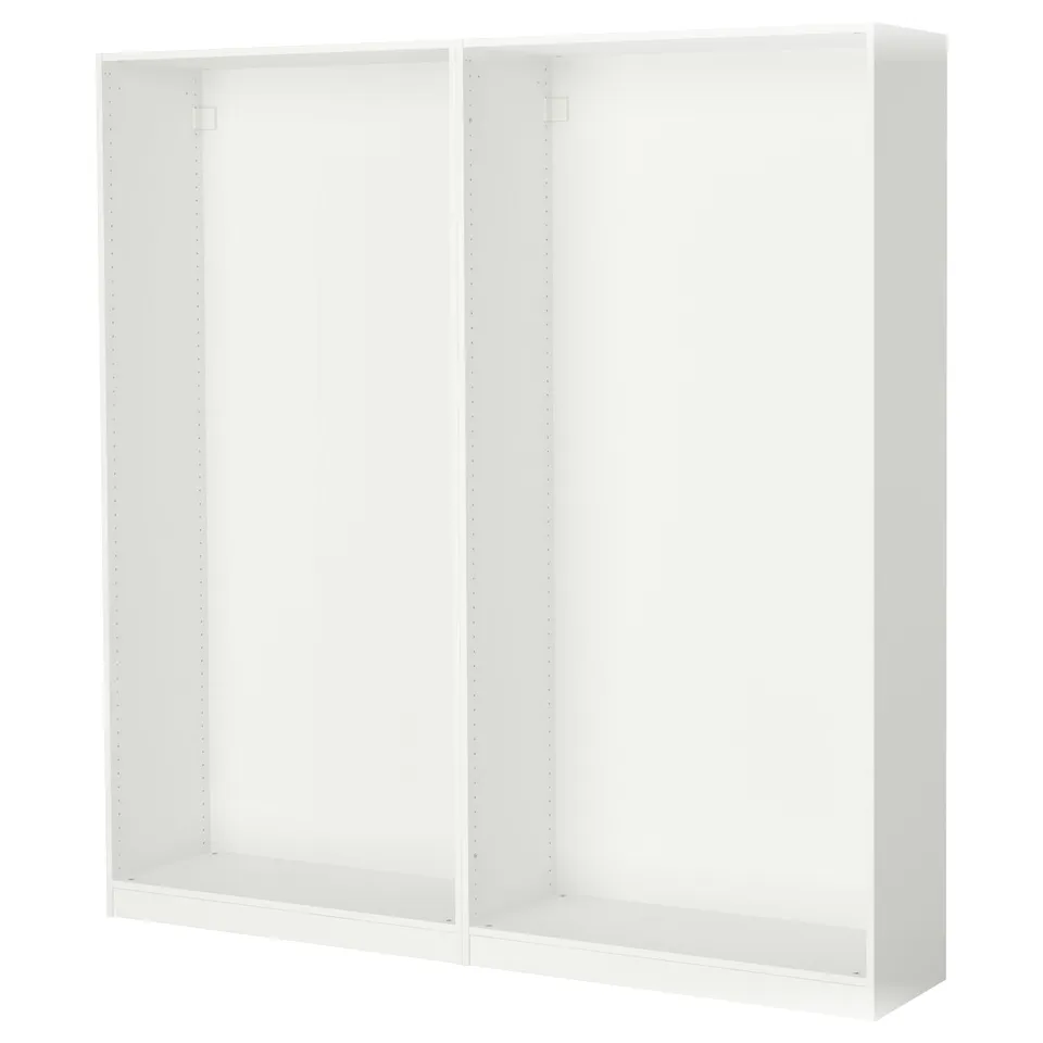 White PAX wardrobe frame, slim design, adjustable feet.