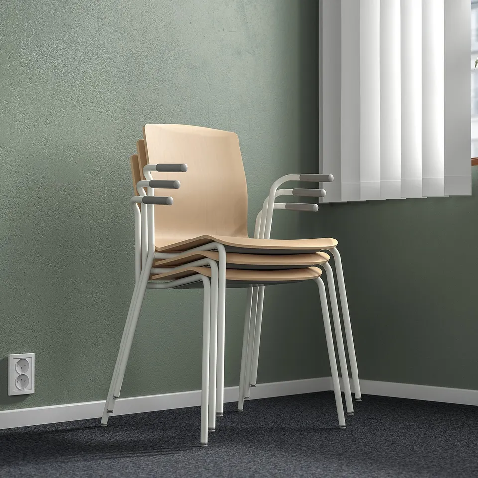 Stackable conference chairs with armrests and lumbar support, suitable for meetings, saving space with clean scandinavian design.