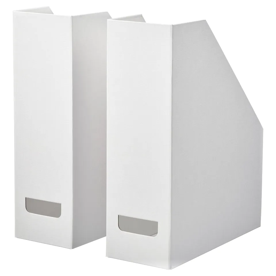 Two white FJÄDERHARV magazine files stand side by side against a white background; rectangular with a cut-out handle, made of recycled paperboard.