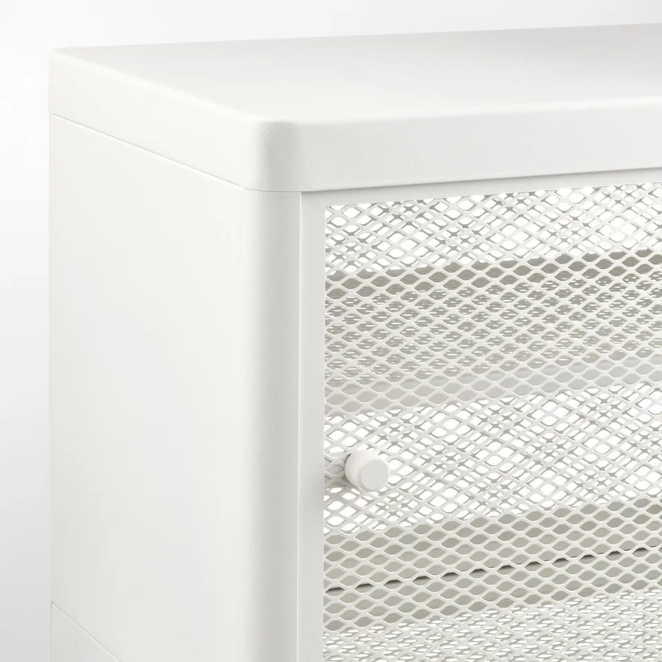 White metal storage cabinet with mesh door and sliding mechanism.