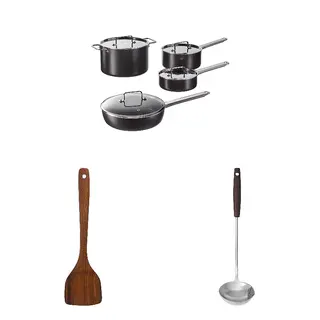 GULDÖRING/HULDHET/SLITSTARK set: 8-piece cookware set + wok spatula + ladle with separator, non-stick coating stainless steel/black-grey + walnut + stainless steel/walnut