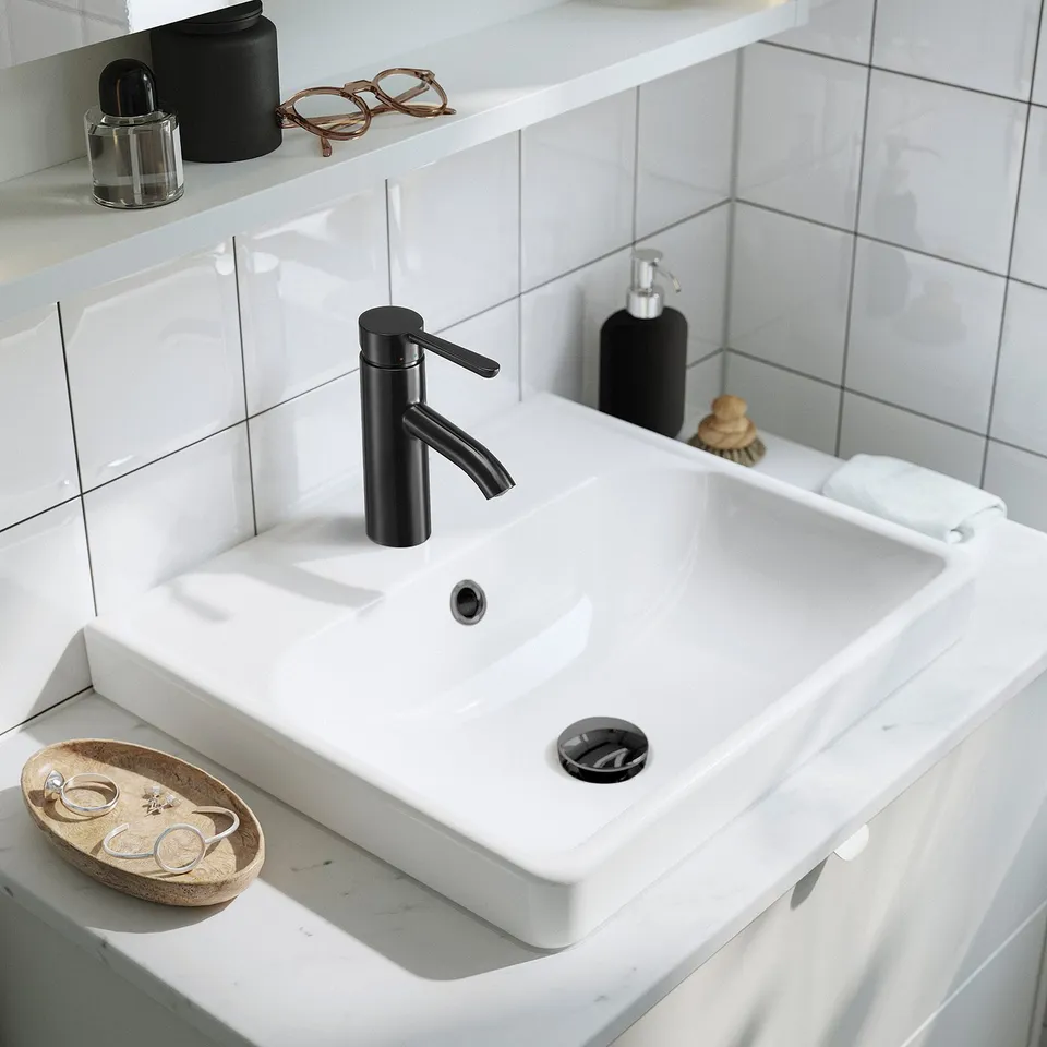 HAVBÄCK / ORRSJÖN Wash-stnd w drawers/wash-basin, beige/black marble effect, 82x49x71 cm