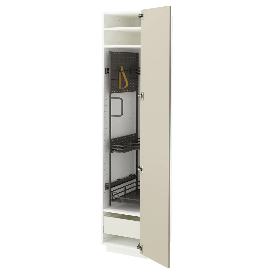 Beige METOD tall kitchen cabinet with shelves and drawers, steel hardware.