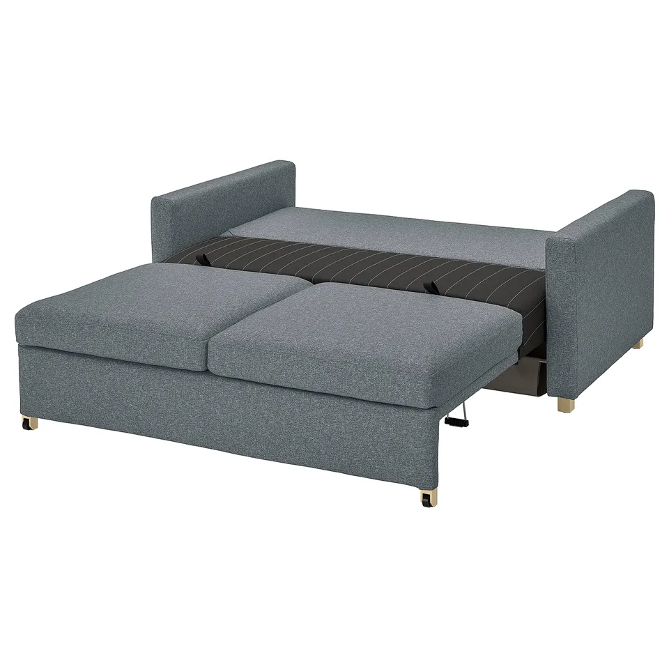 Grey convertible 2-seat sofa-bed, contemporary design with cushioned seats and back.