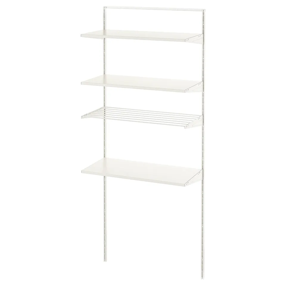 BOAXEL white wall shelf, modern storage unit with 4 shelves, metal frame.