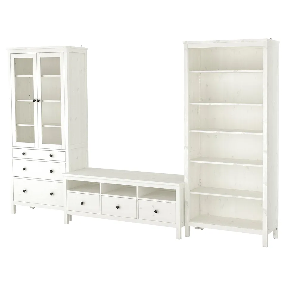 White HEMNES furniture set - bookcase, tv bench, glass cabinet.