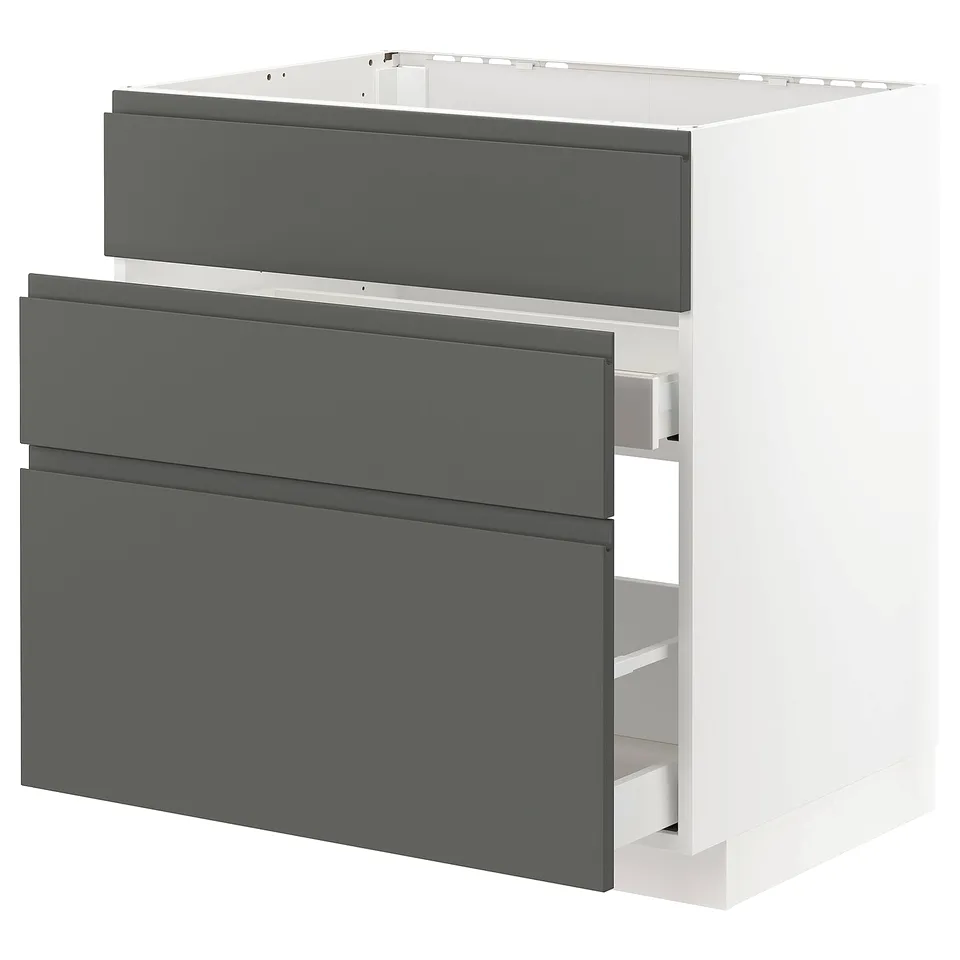 Modern kitchen cabinet with 3 dark grey drawers and white base, sleek minimalist design.