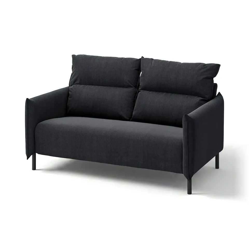 MANNARP small black fabric sofa, modern & comfy, high backrest & cushions.
