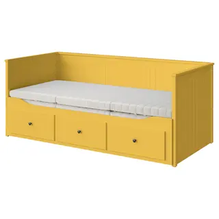 HEMNES day-bed w 3 drawers/2 mattresses, yellow/Ånnfjället super firm, Length 209 x Width 89 x Height 83 cm