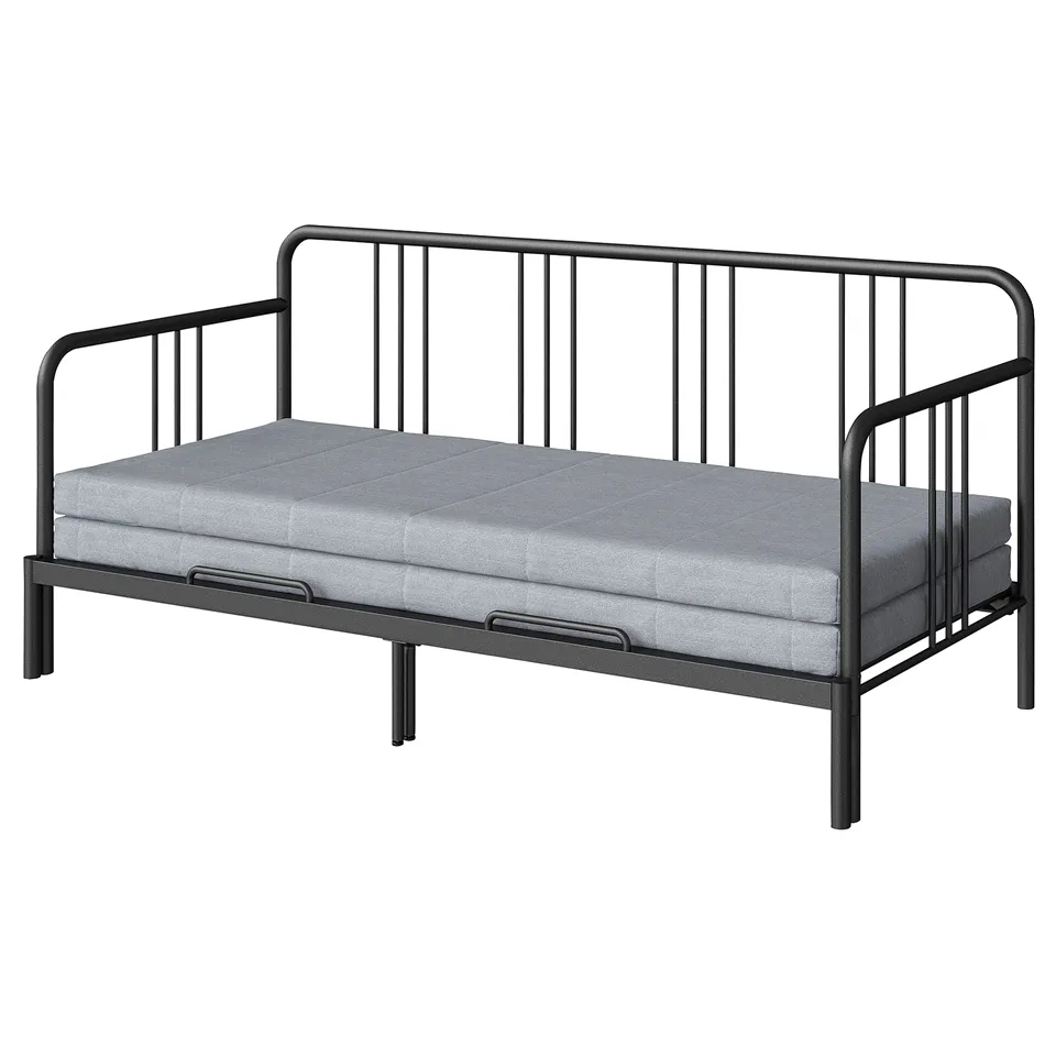 Modern black metal day-bed converts from single to double, ideal for small spaces.