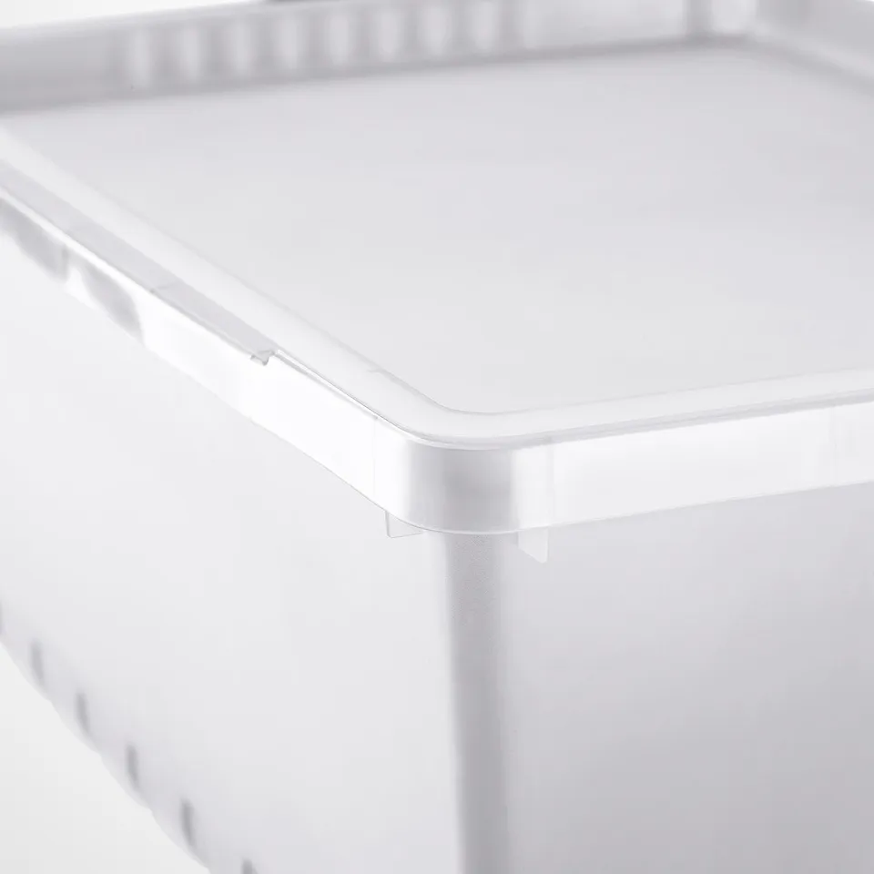 Clear plastic box with secure locking lid, durable and sturdy construction.