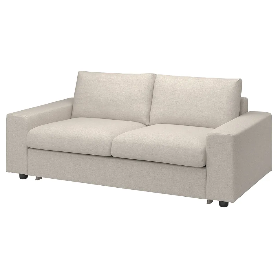 A light beige VIMLE 2-seat sofa-bed with a modern, clean design, featuring upholstery in recycled polyester fabric.