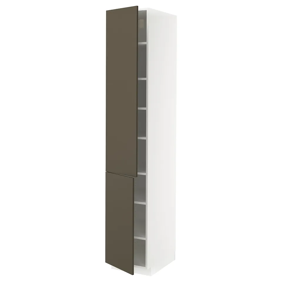 Ikea METOD dark brown cabinet with white frame and adjustable shelves.