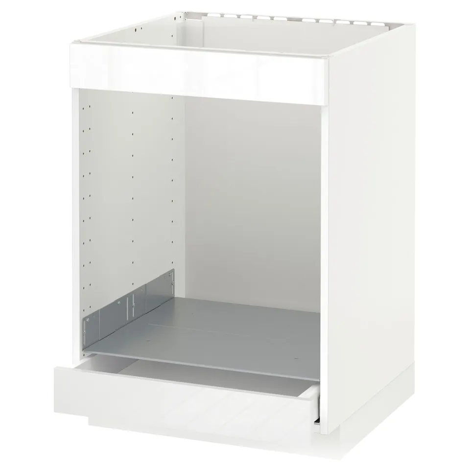 White METOD kitchen cabinet; modern, glossy, rectangular, metal and wood.