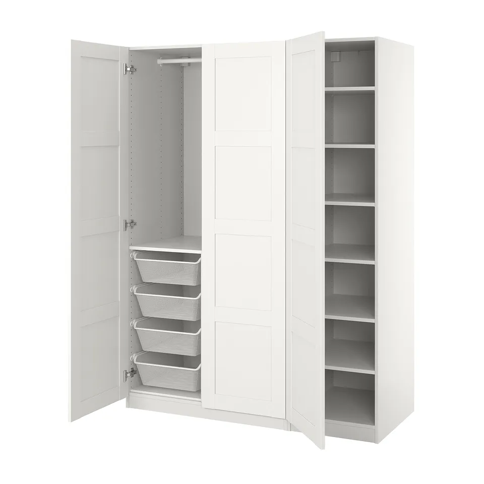 White PAX wardrobe, open display with mesh baskets, shelves, and hanging rail, modern design.