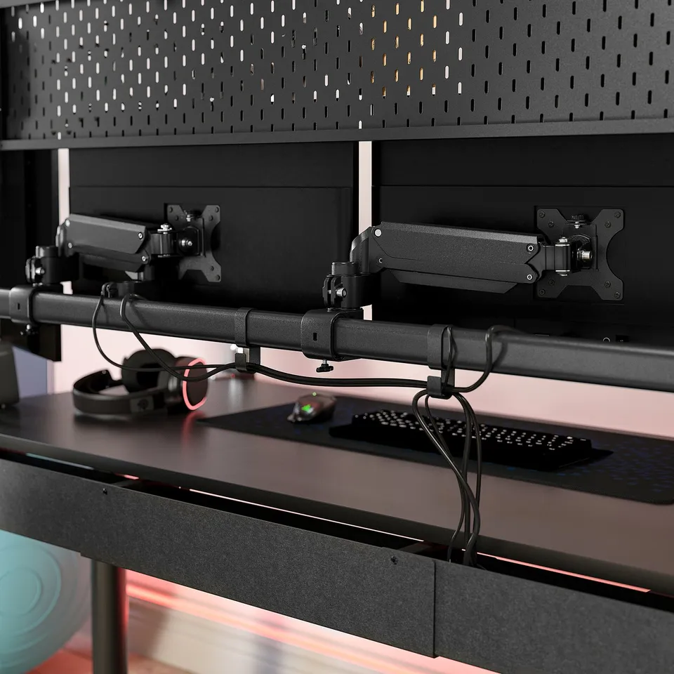 MÅLOMRÅDE Gaming desk sit/stand, with monitor arms/electric black, 180x80 cm