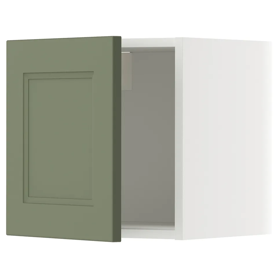 Modern kitchen cabinet with green door, white box, square shape, flat design.